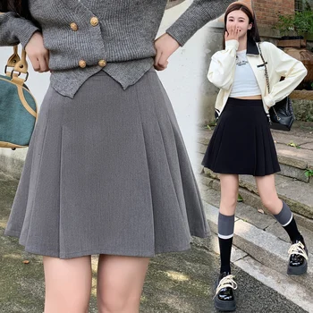 Őszi koreai stílusú egyszínű magas derékú A-vonalú csípőcsomagolás divatredők elegáns, minden mérkőzésen irodai hölgy öltöny rakott szoknya
