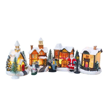1Set Christmas Santa Claus Snow House Tiny Scene Sets Világító LED világít Karácsonyfa bolt Falu dekoráció figurák