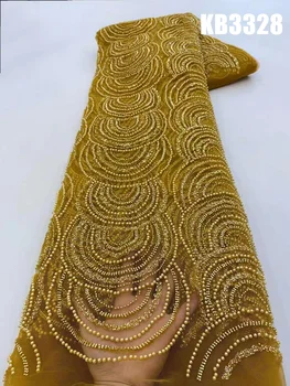 Arany gyöngyös csipkeszövet Afrika csipke szövet kiváló minőségű 2023 fekete francia csipke szövet esküvői ruhához KB3328