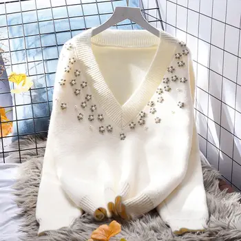 Női pulóver őszi téli pulóverek Koreai stílusú kötöttáru V-nyakú kötött felső női pulóverek Pull Femme ruhák 2023 nyomtatás C23