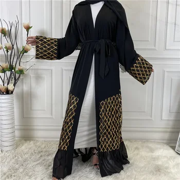 Dubai Abaya Flitterek Hímzés Iszlám ruházat Muszlim afrikai nők Őszi ruha Marokkói Jellaba Maxi köntös Sifonos Cardigan
