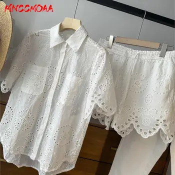 MNCCMOAA-Női vintage hímzés rövid ujjú póló és derékközép rövidnadrág szett, nyári divat, üreges, női, 2024