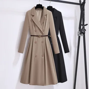 Hivatalos női öltönyök 1 részes blézer hosszú kabát övvel dupla mellű irodai hölgy munkaruha szalagavató ruha kabát őszi ruha