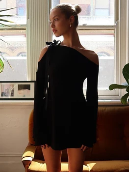 Ahagaga Ruhák nőknek Alkalmi divat Szexi klub Streetwear Tömör perjel nyak Hosszú ujjú Elegáns Mini Vestidos köntös Női