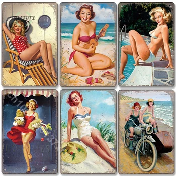 Vintage nyári Pin Up lányok plakett fém ón jel Strand nyaralási plakát Fali művészeti dekoráció szörfklub számára Bár Pub dekorációs táblák