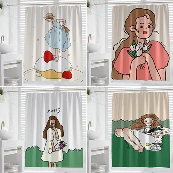 Rajzfilm lány zuhanyfüggöny 3D nyomtatás vicces művészeti minta vízálló poliészter fürdőszoba kiegészítők készletek fürdő képernyő háttér dekoráció