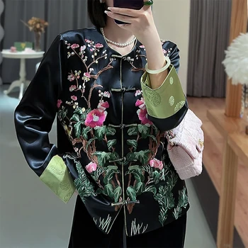 Csúcsminőségű szatén acetát női dzseki felső hímzés Virágok és madarak festése Tang öltöny Elegáns hölgy laza kabát női S-XXL