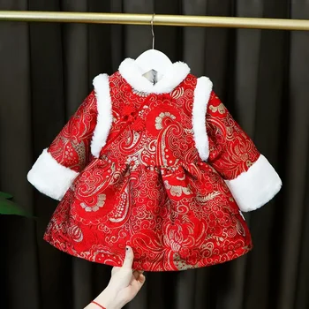 Babaruházat Bársony sűrítő lány Red Tang öltöny Téli hagyományos kínai újév Hanfu hercegnő ruha Gyermek Cheongsam