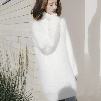 Őszi garbós Mohair pulóver női pulóverek Kötött ruha Hosszú koreai bő kötött vastag téli fenekű pulóverek ruha