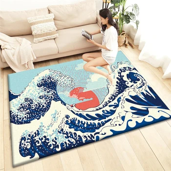 Japán hullámok HD ART nyomtatott szőnyeg nagy, lábtörlő erkély csúszásmentes padlószőnyeg, szőnyegszőnyeg a nappalihoz hálószoba kanapé dekoráció