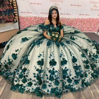 ANGELSBRIDEP báli ruha Quinceanera ruhák zöld 3D kézzel készített virágokkal gyöngyök csipke születésnapi zsúrruhák Vestido de 15 Años