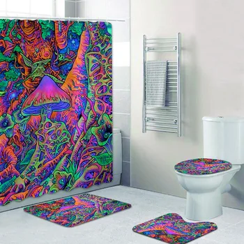 Hippi Pszichedelikus trippy gomba Bohém mandala Fürdőszoba Zuhany Függöny szett Esztétikus művészet Fürdőszőnyegek Szőnyegek WC Lakberendezés