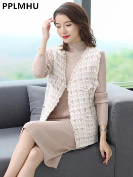 Őszi téli kötött ruha 2 részes szett női alkalmi új kockás kötöttáru mellények koreai elegáns vékony hosszú ujjú pulóver Vestidos