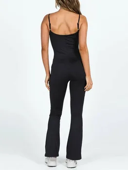 Nők Nyári Y2K Flare széles szárú bodyk Fekete alacsony szabású karcsú szabású Romper szexi ujjatlan fekete nélküli jumpsuit