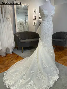 Real Image Spagetti pántok nyitott hátsó sellő esküvői ruhák V-nyakú rátétek Csipke menyasszonyi ruhák