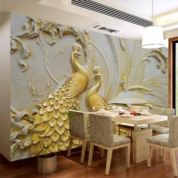 beibehang Egyéni háttérkép 3D sztereó fotó falfestmény dombornyomott arany páva háttér falfestmény papel de parede 3d tapéta