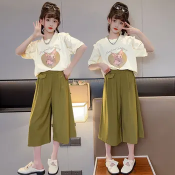Új lányok nyári ruha öltöny tinédzser rajzfilm póló nadrág gyerekek 2db készlet gyerek ruhák streetwear jelmez 4 6 8 10 12 y