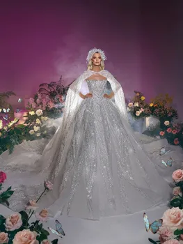 Csillogó báli ruha Esküvői ruhák Ujjatlan Bateau flitterek Köpenyek fodros gyöngyök rátétek gyémántok Menyasszonyi ruhák Vestina De Novia