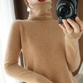 Női pulóver téli kasmír garbó meleg kötöttáru alkalmi tömör fenekű ing Divat kötött pulóver barna pulóver