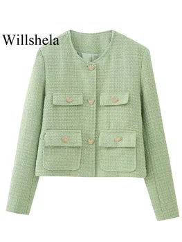 Willshela női divat zsebekkel Zöld egymellű dzsekik Vintage O-nyakú hosszú ujjú női elegáns női ruhák