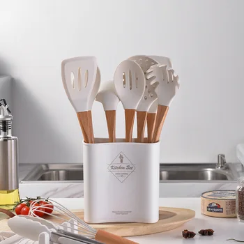 Szilikon konyhai eszközök készlet Hőálló, tapadásmentes spatula Fa fogantyú Főzőedények Sütőeszközök tárolódobozzal