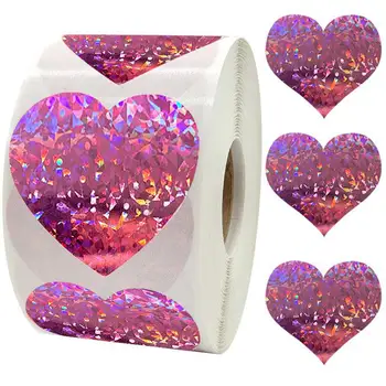 1,5 hüvelykes holografikus lézer szív matricák Valentin-napra rózsaszín lila csillogó ragasztócímkék fényvisszaverő szerelmi matricákkal