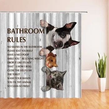 Aranyos bulldog zuhanyfüggöny Kreatív inspiráló idézetek Fürdőszoba szabályok Fa tábla Állati szövet Fürdőszoba függöny horgokkal