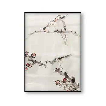 Három madár ül az ágakon Katsushika Hokusai Vitnage Japán művészeti poszter Fatömb vászon nyomtatás Ázsiai festészet Lakberendezés
