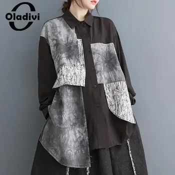 Oladivi Fashion Printed hosszú ujjú patchwork blúzok Női alkalmi laza ingek 2023 tavasz ősz Új, túlméretezett felső Blusas 9803