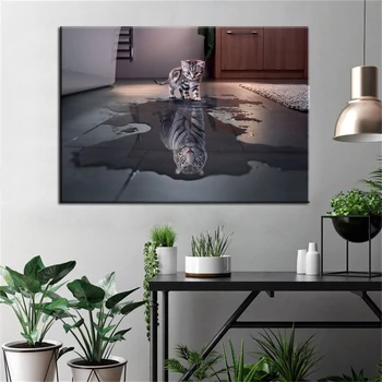 A macska tükröződése olyan, mint egy tigris Nyomtatott plakát Modern falfestmény vászon Vászon nyomtatás otthoni dekorációhoz Nincs keret