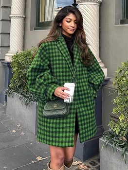 Vintage zöld kockás mintás hosszú kabátok Nők Őszi téli alkalmi laza Egygombos kabát Női Streetstyle ruha 2023