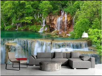 Egyéni falfestmény a falon 3D fotó tapéta Zöld erdő vízesés lakberendezés nappali tapéta falakhoz 3 d tekercsben