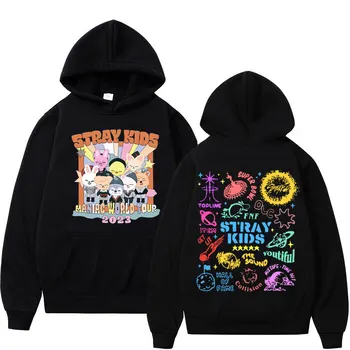 2023 Koreai fiúzenekar Stray Kids World Tour Print kapucnis pulóver férfi női Y2k esztétikai pulóverek Trend divat túlméretezett pulóverek
