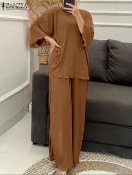 ZANZEA Fashion Solid Muszlim szettek Női elegáns pulyka öltöny Hosszú ujjú blúz Széles szárú nadrág 2DBS alkalmi laza városi tréningruhák