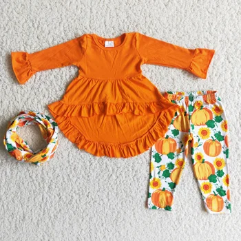 Forró RTS 3PCS gyerek narancssárga ruházat sállal lányok tök ruhák szettek Gyermek őszi ruhák