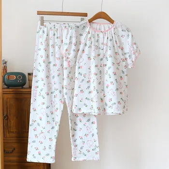 Rövid ujjú hosszú nadrág otthoni pizsama öltöny nyárra és őszre Kényelmes és lélegző rajzfilm nyomtatott pizsama Feminino