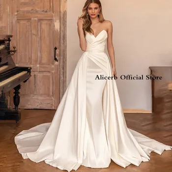 Luxus szatén esküvői ruha sellő 2022 Új kedvesem menyasszonyi ruha vonatról levehető köntössel De Mariee egyedi készítésű