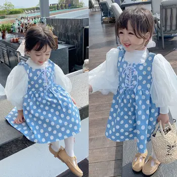 Lányok tavaszi ruházata Új koreai stílusú pöttyös harisnyatartó ruha hercegnő puffos ujjú póló 2 részes szett gyermek öltöny