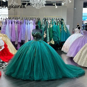 Smaragdzöld Quinceanera hercegnő ruhák 2023 Luxus kristályok rátétjei Vestidos de 15 Años fűzőruha 16 évre