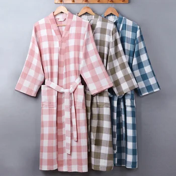Nyár Ősz Új 100% pamut köntös Emeletes géz kockás kimonó hálóing Laza Nagy méretű otthoni fürdőköpeny Pongyola köntös