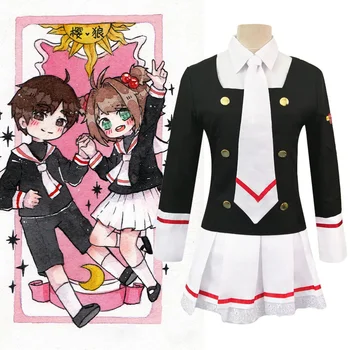 Nők Japán anime kártya Captor Sakura Cosplay jelmezek Lányok Haditengerészeti gallér Matróz Iskolai egyenruha Jk öltöny Pliszírozott szoknyák Ruha
