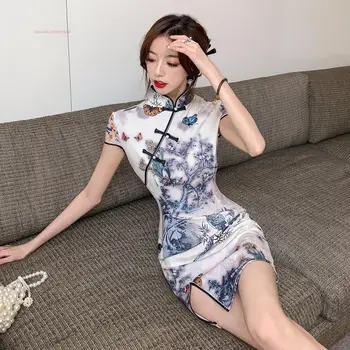 2024 szexi bodycon kínai mini qipao vestido hagyományos éjszakai klub bankett jelmez nemzeti virágmintás cheongsam ruha qipao
