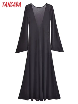 Tangada női fekete hát nélküli hálós ruha hosszú ujjú hölgy hosszú ruhák 6P302