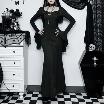 Elegáns hosszú szirmok ujj Slim Fit Maxi sellő ruha Halloween gótikus punk 2023 ősz U-nyakú Vestidos Streetwear sötét stílus