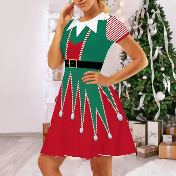 Xmas Cosplay ünnepi ruha karácsonyi témájú mintás cosplay ruha női O-nyakú rövid ujjú miniruha magas derékkal
