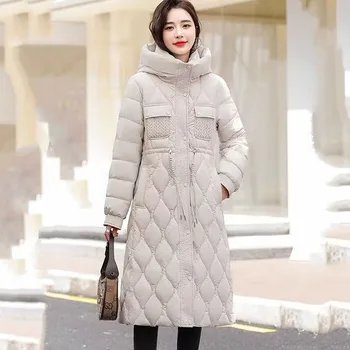 Új őszi téli pehely pamutkabát Női hosszú kapucnis Parker kabát divat női vastag vékony meleg párnázott kabát cipzáras fekete
