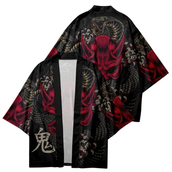 Cardigan Nők Férfi Japán Obi Yukata Haori kabát Hagyományos ruházat Fekete démonmintás kimonó