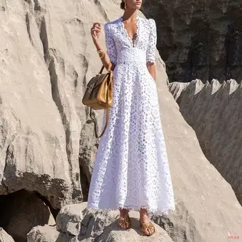 Elegáns Tiszta fehér Hosszú ruha Női V-nyakú Félujjú Magas derékú Üreges Design Karcsú ruha Női Tavasz Új divat Klasszikus