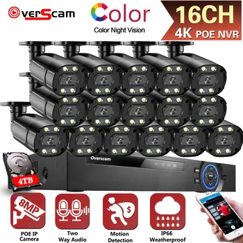 4K 16CH CCTV rendszer POE NVR készlet Bullet Color éjjellátó AI mozgásérzékelő H.265 videomegfigyelő IP biztonsági kamera P2P