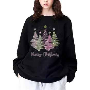 Női alkalmi színes karácsonyfa nyomott vállú hosszú ujjú karácsonyi pulóver ruházat T